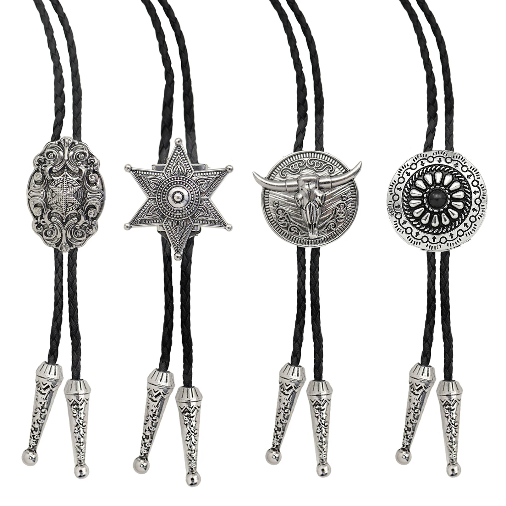 빈티지 아릴 웨스턴 카우보이 롱혼 스티어 소 해골 방패 가죽 로프 로데오 볼로 타이 남녀 볼라 넥타이 액세서리