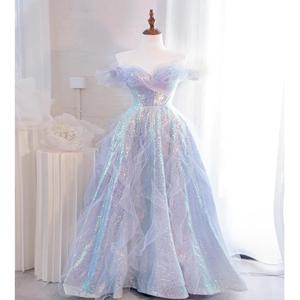 퍼플 우아한 성인 예식 이브닝 가운 원숄더 호스트 웨딩드레스 고급스러운 느낌의 스윗 스타일 미드 웨이스트 플로어 기장 드레스