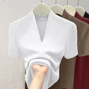 여성용 여름 반팔 티셔츠, 패션 다용도 베이스 셔츠, 플러스 사이즈 슬림핏 V넥 캐주얼 섹시 티셔츠