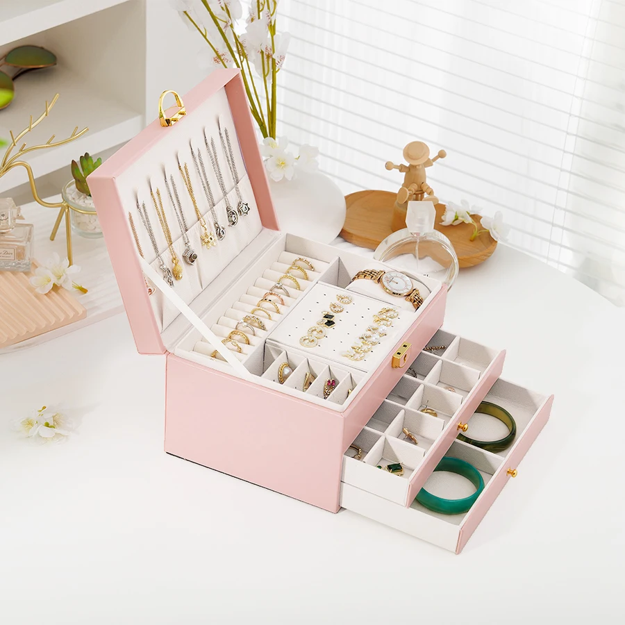 1PC, 잠금 장치가 있는 마름모형 원형 잠금 3층 가죽 보석 보관함