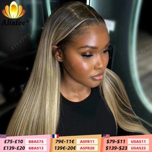 옴브레 더티 블론드 스트레이트 레이스 프론탈 가발 13x6 인모 가발 애쉬 블론드 (어두운 뿌리 포함) 13x4 레이스 프론탈 여성용 가발