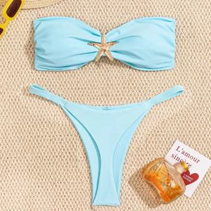 섹시한 밴도 비키니 세트 2026 여성용 스카이 블루 불가사리 장식 푸쉬업 끈 수영복 브라질리언 비치 수영복 마이크로 수영복