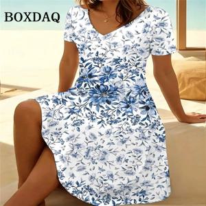 빈티지 여름 드레스 여성 v-목 꽃 인쇄 캐주얼 해변 휴가 반팔 드레스 느슨한 여성 플러스 사이즈 드레스 6XL