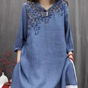 레트로 코튼 린넨 자수 셔츠 여성용 얇은 루즈핏 중간 길이 오픈 스플릿 캐주얼 패션 한국 스타일 통근 바람막이 셔츠