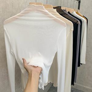 우아한 긴 소매 하이 칼라 레이스 베이스 셔츠 여성 가을 ​​겨울 새로운 스타일 세련된 이너웨어 탑 트렌디 메쉬 셔츠