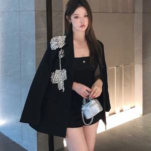 여성용 3D 플라워 다이아몬드 비즈 장식 수트 자켓 OL 플로럴 라인스톤 블레이저 코트 루즈 크리스탈 카디건 롱 슬리브 크롭 탑