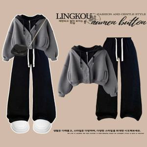 가을 대학생 스타일 여성 투피스 세트 후드 재킷 하이웨이스트 슬림 와이드 레그 캐주얼 팬츠 앙상블 트렌디 캐주얼웨어