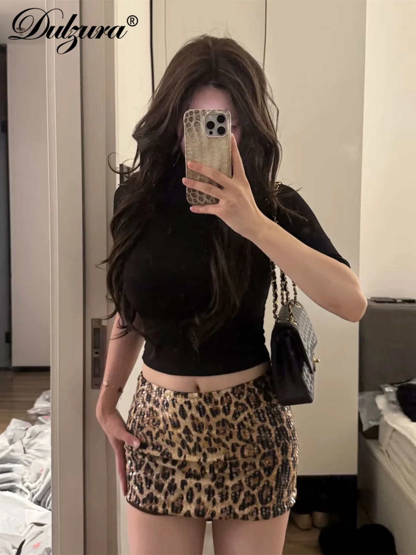 Dulzura 여름 최신 패션 우아한 하이 웨이스트 스팽글 섹시 슬림 레오파드 프린트 짧은 치마 파티 클럽 스트리트 의류 도매