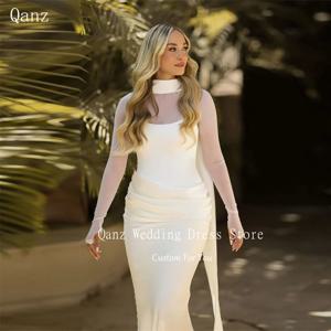 Qanz 우아한 인어 웨딩 드레스 여성용 시스루 긴 소매 2피스 새틴 웨딩 드레스 맞춤 제작