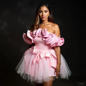 2026 핫 세일 핑크 새틴 오프숄더 러플 숏 이브닝 드레스 A라인 프롬 파티 드레스 웨딩 게스트 드레스, 여름 칵테일 드레스