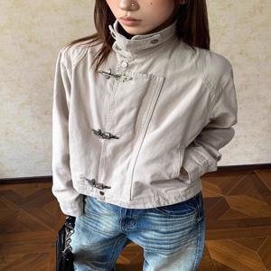 빈티지 레트로 아메리칸 디컴포지션 디자인 재킷 (항공기 버클 스탠드 칼라) 남성용 숏 와이드 워싱 아우터웨어