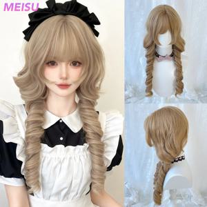 MEISU 24인치 2 포니테일 로리타 앞머리 가발 금발 합성 섬유 내열성 자연스럽고 부드러운 코스프레 파티 셀카 여성용