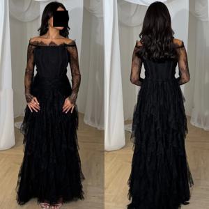 맞춤형 우아한 패션 레이스 플리츠 주름 장식 스트레이트 오프 숄더 롱 드레스 맞춤형 행사 드레스 현대 스타일 복고풍