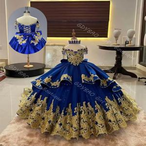 웨딩용 오프숄더 플라워 걸 드레스 2-14세 어린이용 골드 아플리케 티어드 튤 프린세스 파티 드레스 리본/태슬 맞춤형