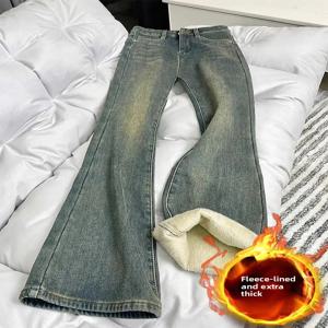 2025 빈티지 여성용 청바지 겨울 양털 높은 허리 슬림 FitEurope 및 AmericaStyle 마이크로 플라 드 바지 말굽 바닥 길이