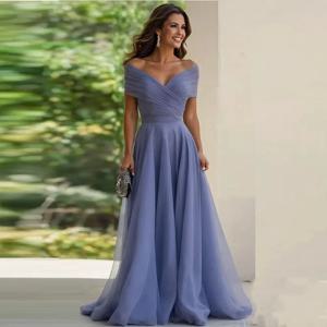 오프숄더 신부 어머니 드레스 심플 A라인 플리츠 롱 드레스 웨딩 게스트용 V넥 칵테일 파티 드레스