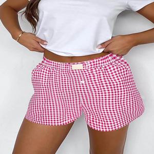십대 소녀 체크 무늬 반바지 신축성 있는 허리밴드 풀온 캐주얼 라운지 여름 의상 레드 블루 컬러 여성 패션