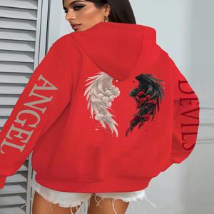 여성용 후드 재킷 - 다크 그린 엔젤/데빌 대비 프린트, 지퍼 앞 여밈 및 사이드 포켓 - 따뜻한 폴리에스터 외투