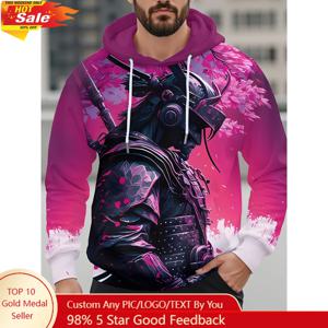 남성용 스타일리시 사무라이 & 벚꽃 3D 프린트 후드티(캥거루 포켓 포함) - 봄 및 가을용 캐주얼 풀오버, 기계 세탁 가능