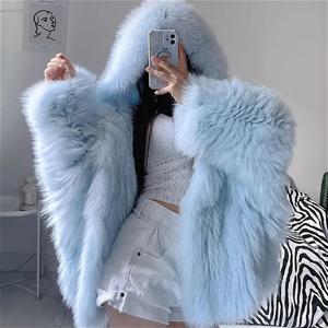 인조 여우털 코트 여성용 퍼 재킷 중간 길이 블루 후드 긴 소매 두꺼운 따뜻한 퍼 루즈핏 캐주얼 2025 가을 겨울