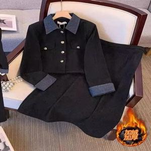 플러스 사이즈 겨울 의상 플리스 안감 루즈핏 폴로 칼라 투피스 세트 하이웨이스트 A라인 스커트 긴팔 출퇴근 스타일 한국 패션