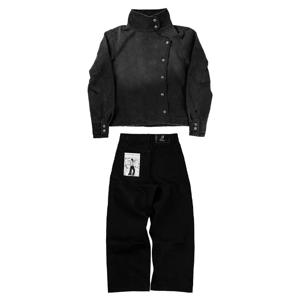 빈티지 워시드 데님 수트 Y2K 스타일 비대칭 버튼 하이넥 재킷 고딕 라커 블랙 남녀 가죽 라벨 청바지