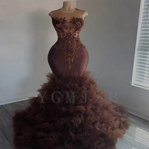 브라운 비즈 장식 프롬 드레스 고급스러운 블랙 걸즈 머메이드 다이아몬드 러플 버튼 웨딩 파티 생일 졸업 이브닝 가운