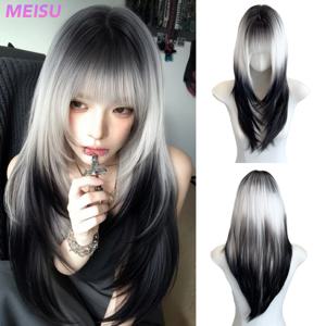 MEISU 24인치 스트레이트 뱅 가발 블랙 화이트 합성 섬유 레이어드 헤어 내열성 자연스러운 부드러운 연장 헤어 셀피 파티용