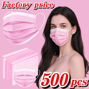 500개 핑크 일회용 보호 마스크 - 3겹 통기성 및 편안함, 조절 가능한 이어 루프 및 밀착형 코 패드 - 가정용으로 저렴한 가격, 대량 구매 가능, 야외 활동, 가정, 출퇴근, 사무실, 학교, 남녀 공용 및 높은 미적 매력에 적합