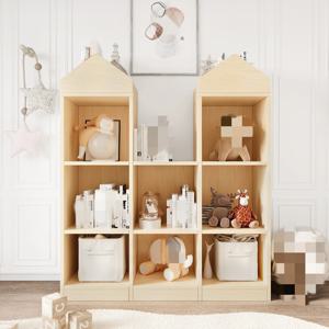 8칸 장난감 정리 선반 - 천연 목재, 놀이방, 유아실용 안전한 둥근 모서리가 있는 어린이 책장