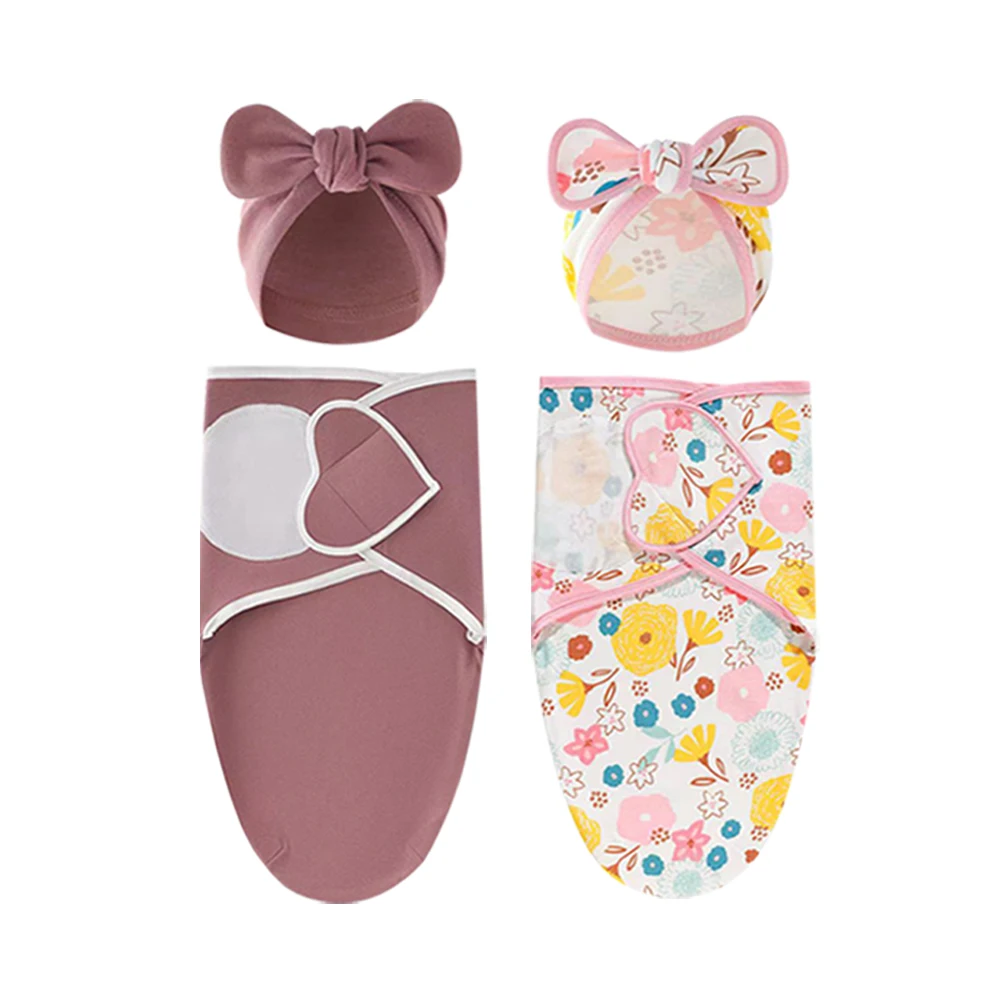 아기 담요 모자 세트 만화 인쇄 면화 신생아 Swaddle 조정 가능한 유아 잠자는 Swaddle 랩 올 시즌 0-6 개월