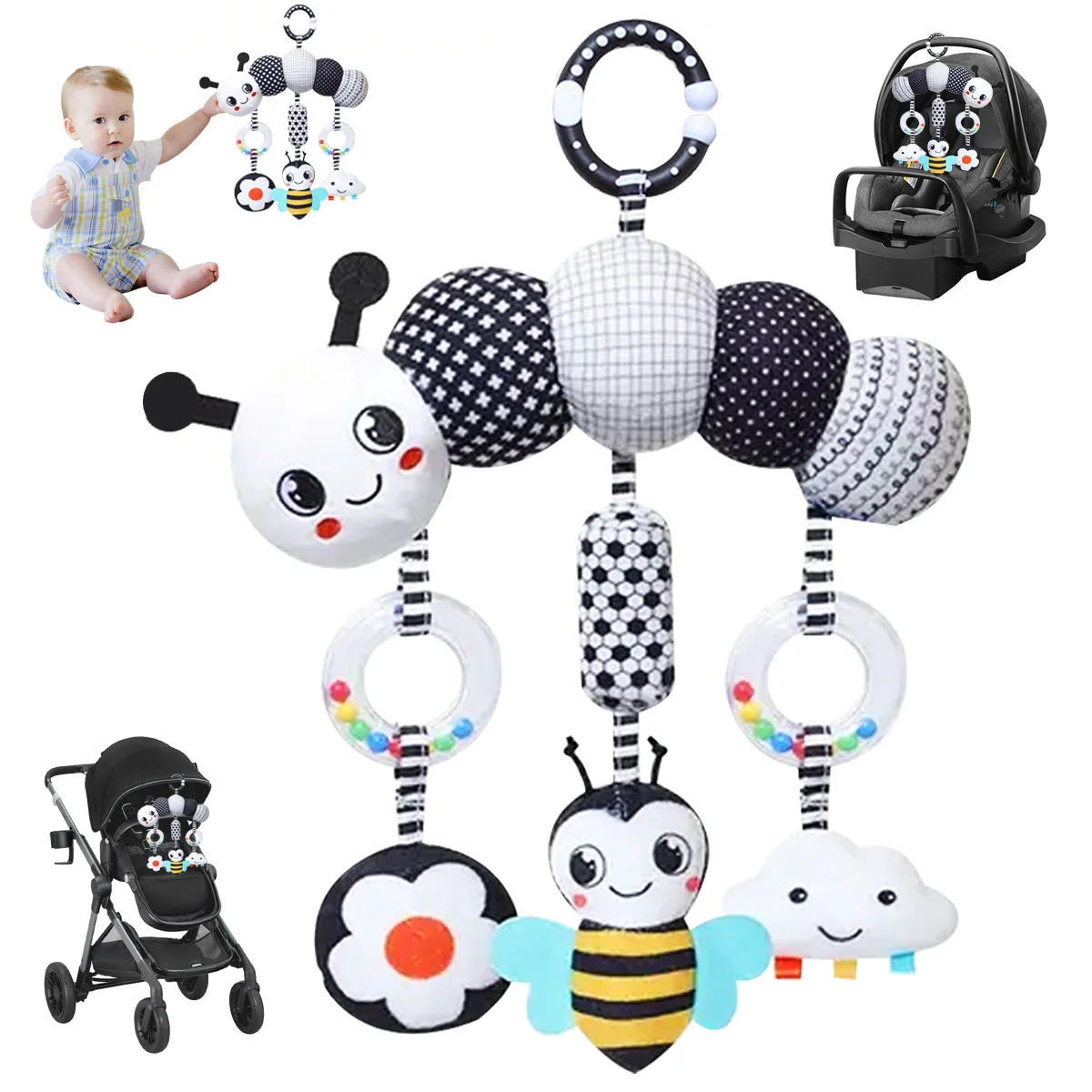 아기용 카시트 장난감, 유아용 침대 모빌용 걸이형 딸랑이 장난감, 신생아용 흑백 고대비 장난감