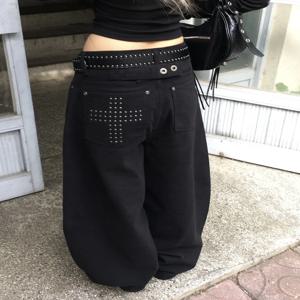 아메리칸 스타일 빈티지 리벳 크로스 블레이드 진 루즈핏 레이지 스타일 와이드 레그 플로어 기장 팬츠 여성 루즈핏 데님 트라우저