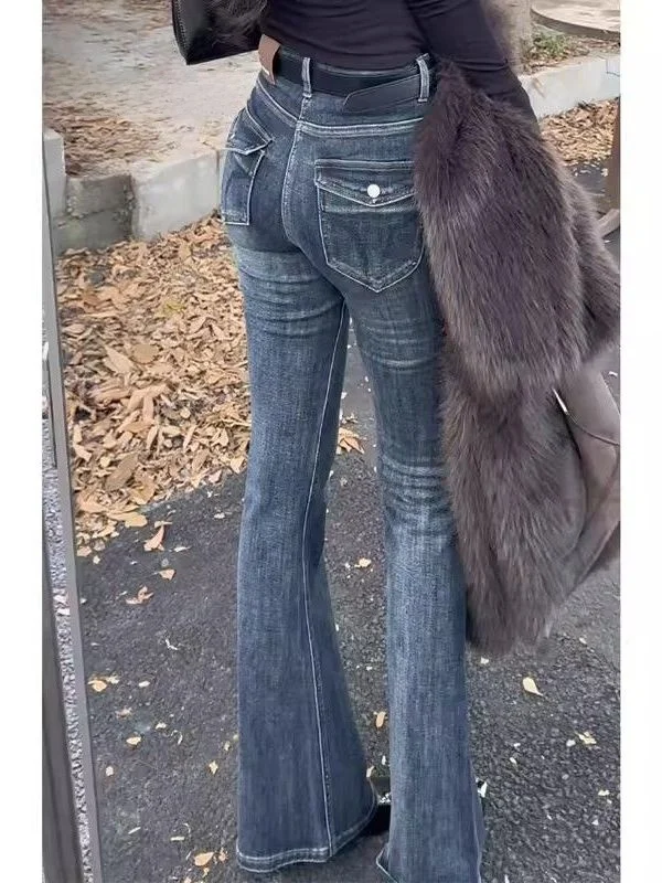 블루 아메리칸 스타일 하이 웨이스트 벨 바텀 청바지 여성용 봄 신상 슬리밍 신축성 있는 바닥 길이 바지 캐주얼 코튼 블렌드