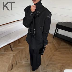 kwtx 2026 트렌디한 여성용 블랙 핀스트라이프 수트 세트, 3D 꽃무늬 장식 오버사이즈 블레이저 & 와이드 레그 팬츠, 우아한 스타일 오피스룩