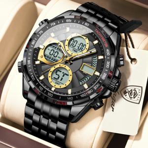 포에다가 탑 커플 손목시계 방수 전자 LED 남성용 시계 듀얼 타임 디스플레이 디지털 스테인리스 스틸 쿼츠 남성 선물