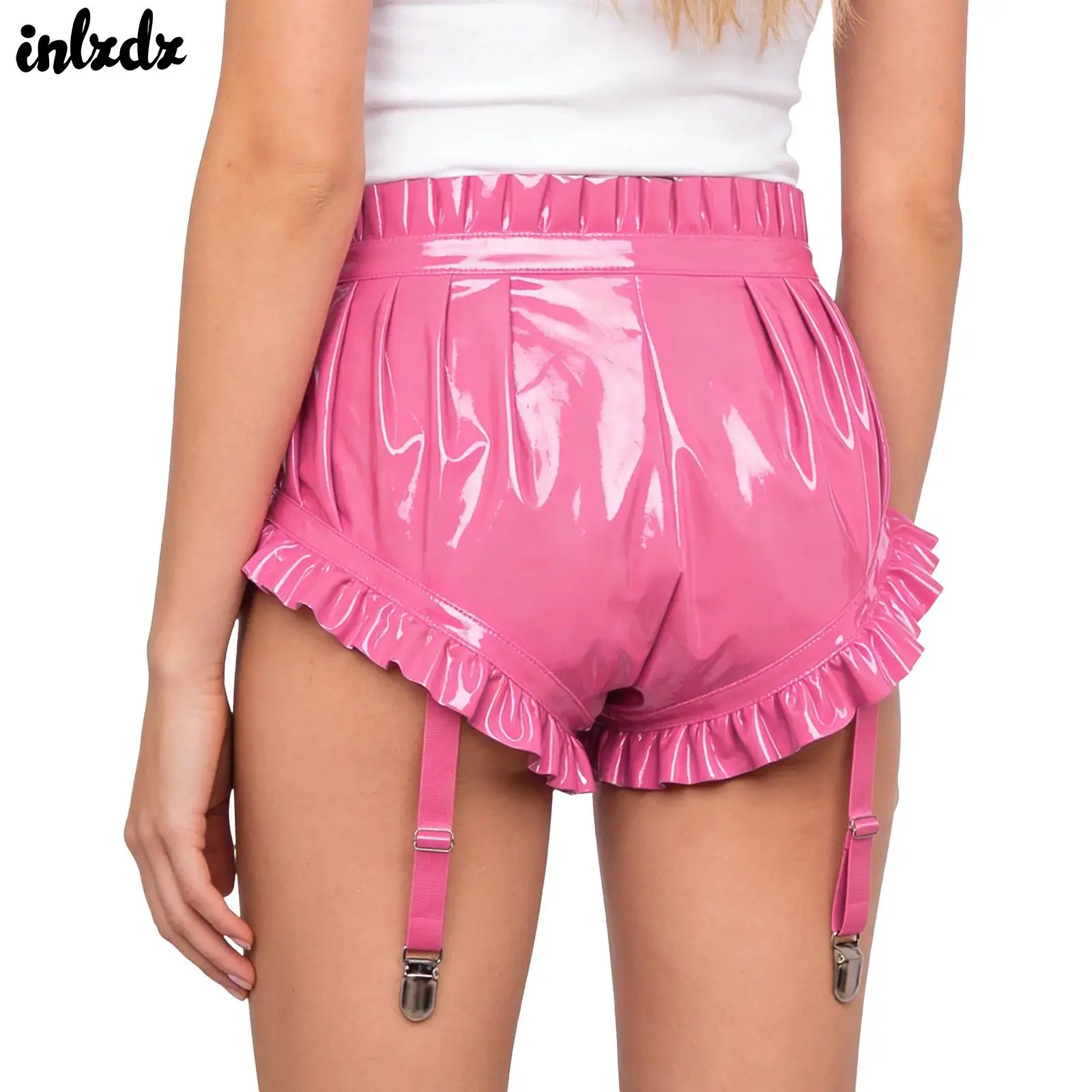 여성용 웨트룩 란제리 라텍스 반바지, 에나멜 가죽 러플 트림과 가터 클립, 주름 장식 블루머 반바지, 광택 레이브 클럽웨어