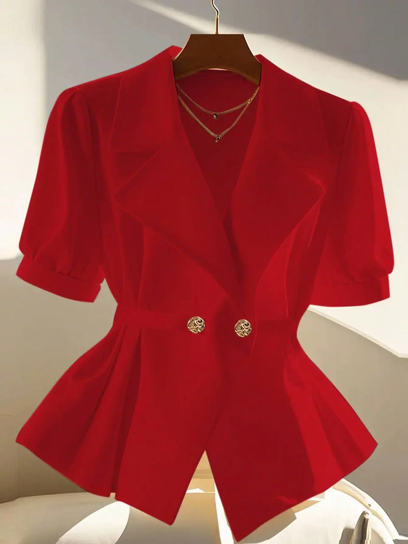 여성용 레드 반팔 블레이저 2026 라펠 더블 브레스티드 페플럼 블레이저 오피스 워크 비즈니스 캐주얼 재킷 여성 재킷