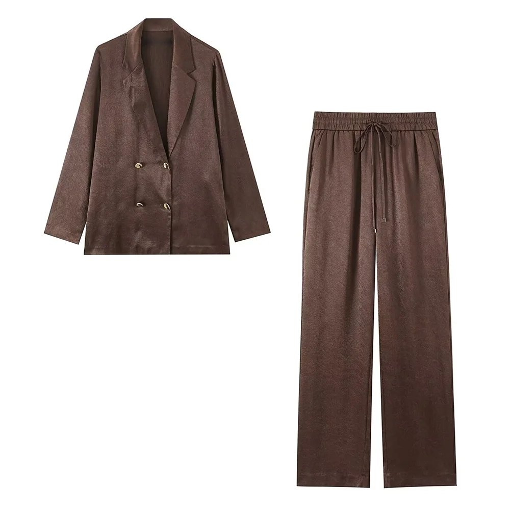 2026 신상 여성 패션 캐주얼 라펠 긴소매 더블 브레스티드 루즈핏 수트 자켓 하이웨이스트 와이드 레그 팬츠