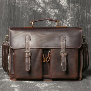남성용 빈티지 수제 크레이지 호스 가죽 핸드백, 대용량 서류 가방, 15 인치 노트북 가방, 작업 비즈니스 가방