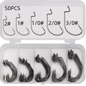 50Pcs 상자 낚시 후크 세트 지그 크랭크 가시 후크 높은 탄소 스테인레스 스틸 넓은 간격 오프셋 Fishhook 소프트 웜 바다 후크 태클