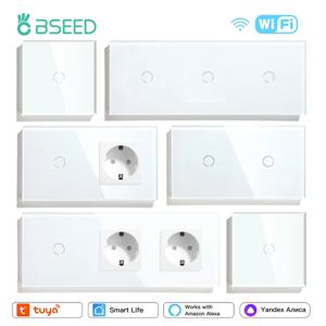 BSEED Wifi 1/2/3Gang 스마트 터치 스위치 1/2/3Way 벽 조명 스위치 Tuya 스마트 라이프 App 제어 플러스 소켓 EU 표준