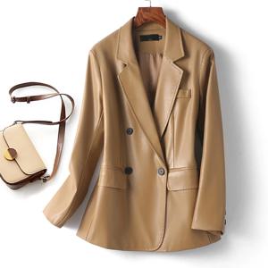 여성용 양가죽 블레이저 재킷, 턴다운 칼라 더블 브레스트 단추, 시크한 여성용 블랙 캐주얼 블레이저 가죽 코트, 2024 패션