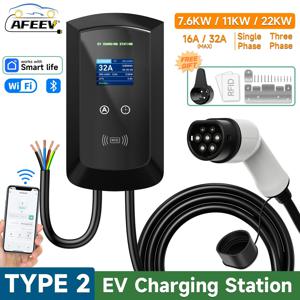 AFEEV 22KW 32A 3상 EV 충전소 Type2 IEC62196-2 전기 자동차 충전기 7.6/11KW EVSE Wallbox WIFI Bluetooth APP 제어