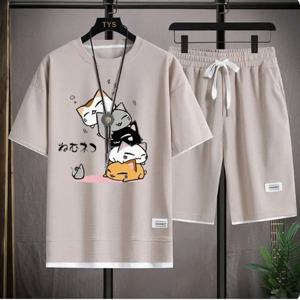 2024 남성 여름 와플 세트 브랜드 패션 캐주얼 티셔츠 + 반바지 세트 남성 스포츠 세트 느슨한 편안한Slo 투피스 세트