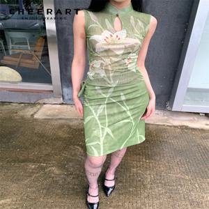 CHEERART 여성용 투피스 세트, 우아한 여름 복장, 녹색 백합 꽃 빈티지 탑 및 스커트 세트, 숙녀 의류 2024