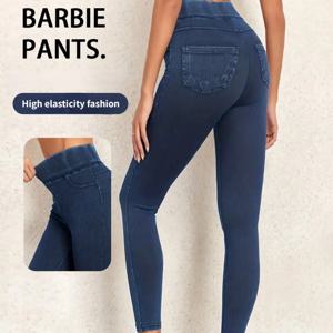 여성용 가짜 데님 요가 레깅스 피트니스 스트레치 레깅스 하이 웨이스트 세련된 스키니 스타킹 체육관 ​​운동 러닝 팬츠