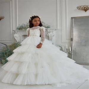 맞춤형 흰 꽃 소녀 드레스, 얇은 명주 그물 꽃, 긴 소매 꼬리 장식, 결혼식 생일 파티 첫 성찬식 가운