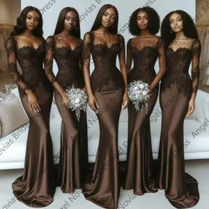 맞춤형 빈티지 다크 브라운 인어 신부 들러리 드레스, 웨딩 파티 원피스, 2025