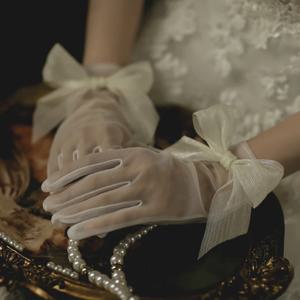 빈티지 투명 웨딩 장갑 화이트 신부 드레스 장갑 메쉬 보우 진주 짧은 레이스 장갑 웨딩 액세서리